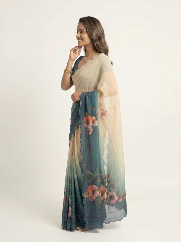 Chiffon Cream Teal Ombre Floral Printed Designer Saree