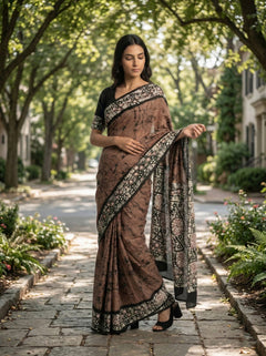 Woman in a brown saree with black and white patterns standing on a stone path.