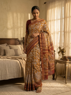 Woman in a patterned saree standing in a bedroom