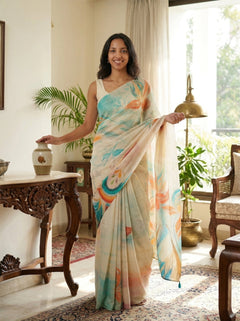 Organza Cream Floral Digital Print Saree