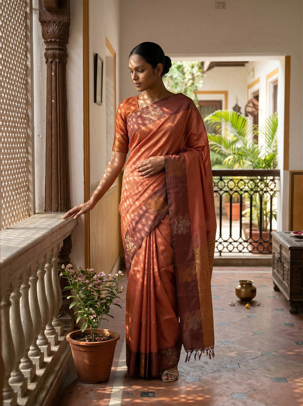 Art Silk Rust Orange Floral Butta Printed Saree with Contrast Border