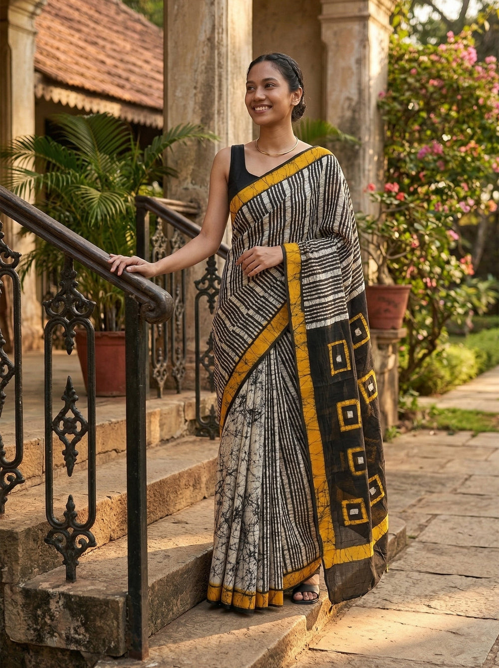 Chanderi Cotton Black White Striped Batik Saree