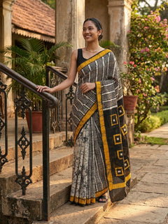 Chanderi Cotton Black White Striped Batik Saree