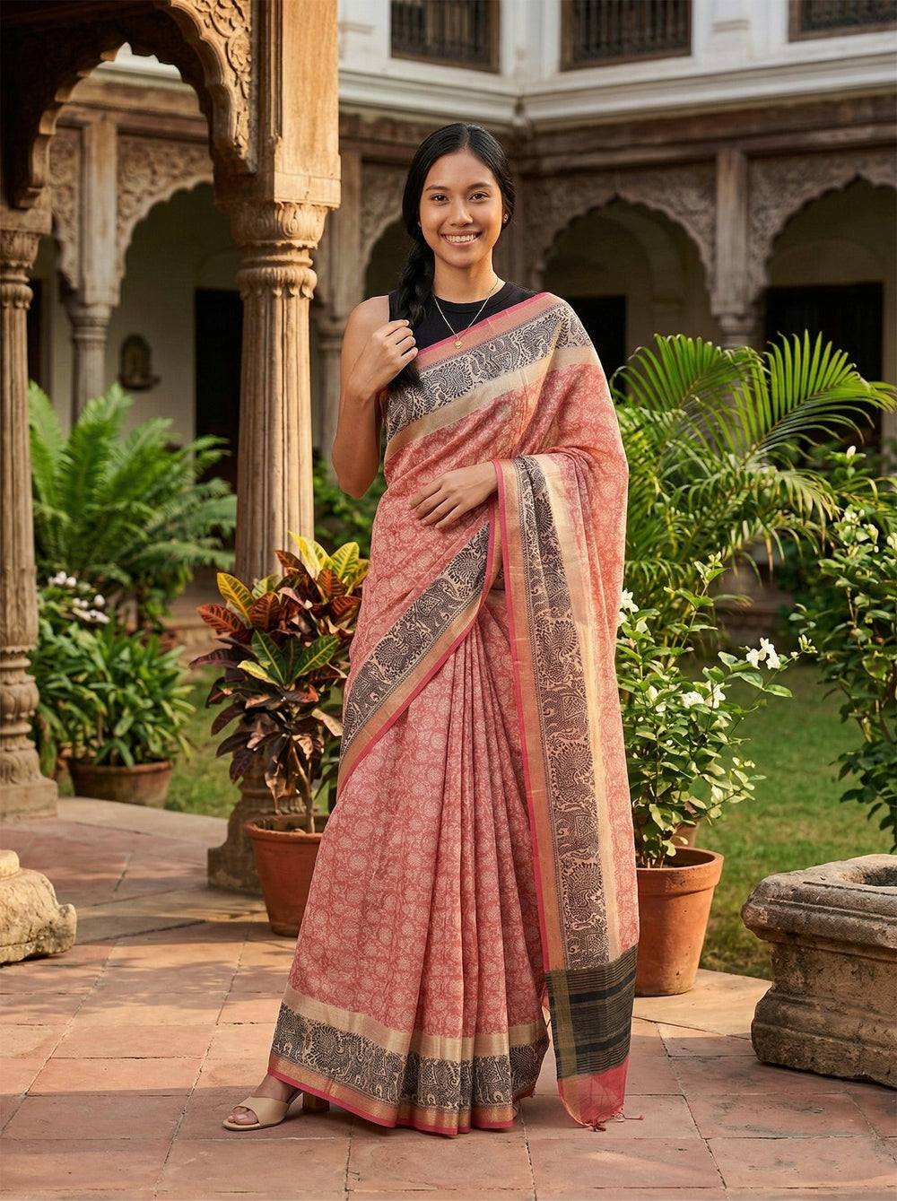 Chanderi Cotton Pink And Black Printed Saree