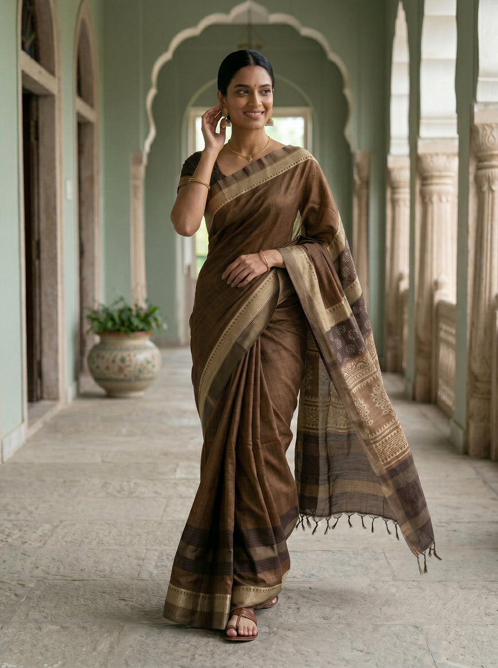 Woman in a brown saree standing in an ornate hallway