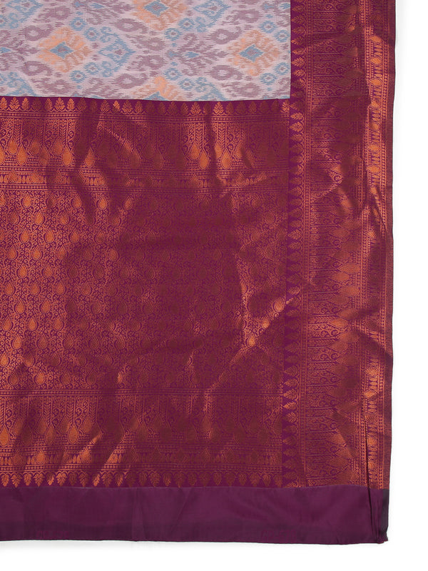Light Lavender Art Silk Saree With Ikat Design Over Body And Purple Border