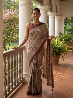 Chanderi Cotton Maroon And Beige Printed Saree