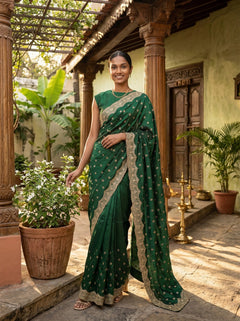 Woman in a green saree standing in an outdoor setting with plants and architectural elements.