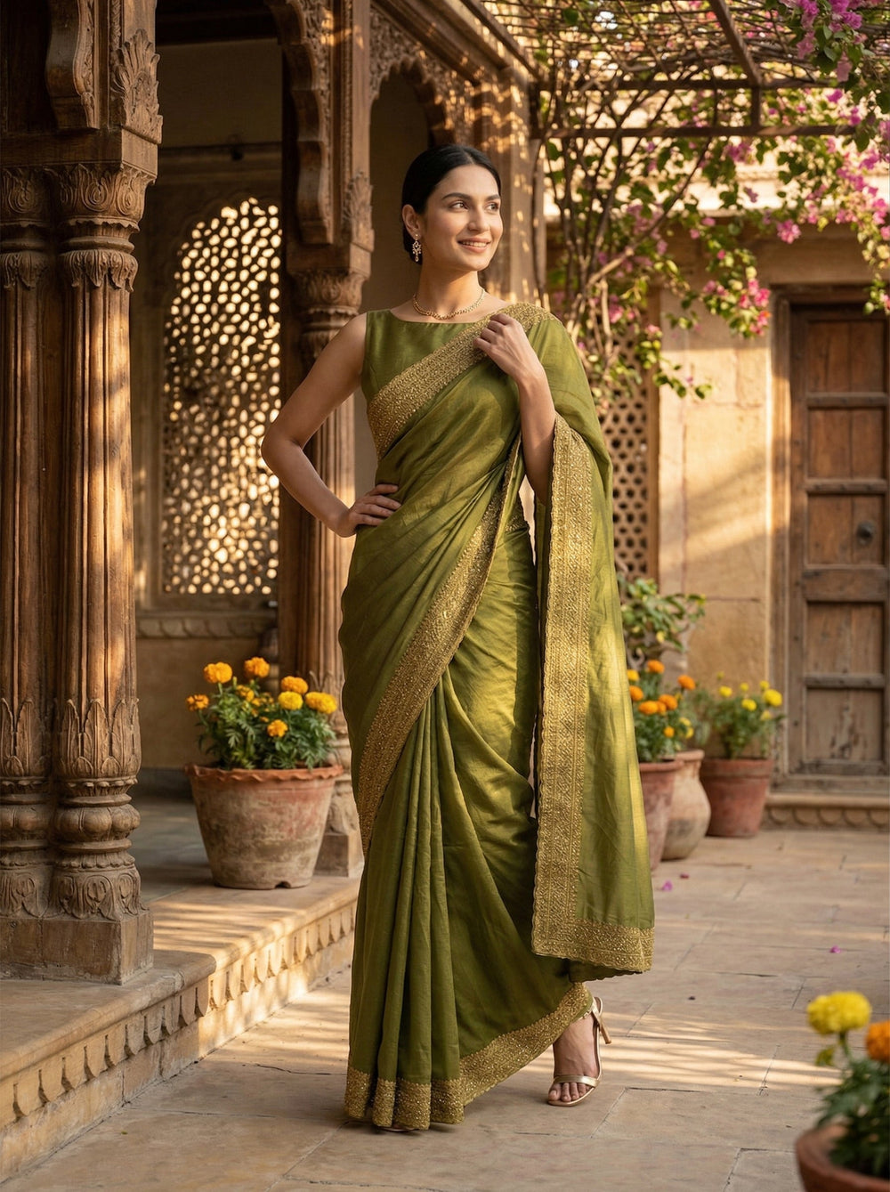 Woman in a green saree standing in an outdoor setting with architectural elements and plants.