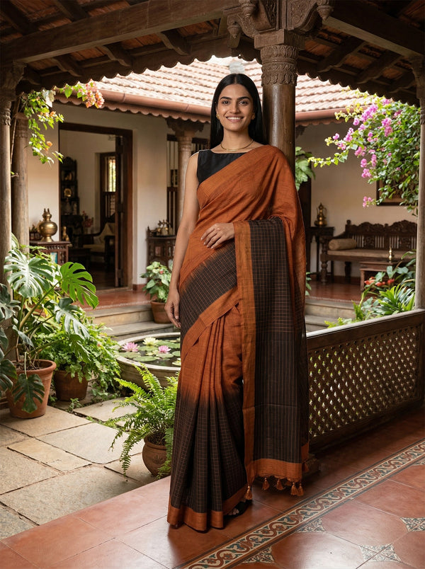 Chanderi Cotton Rust Brown Saree With Black Checked Border