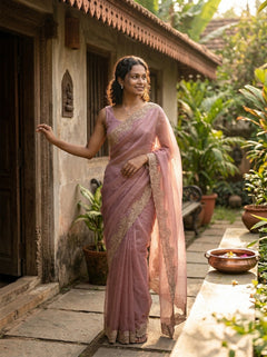 Woman in a pink saree standing outdoors near a traditional building with plants around.
