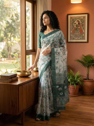 Woman in a floral saree standing in a room with a window and decor.