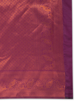 Parrot Green Art Silk Saree With Copper Thread Work Over Body And Purple Border