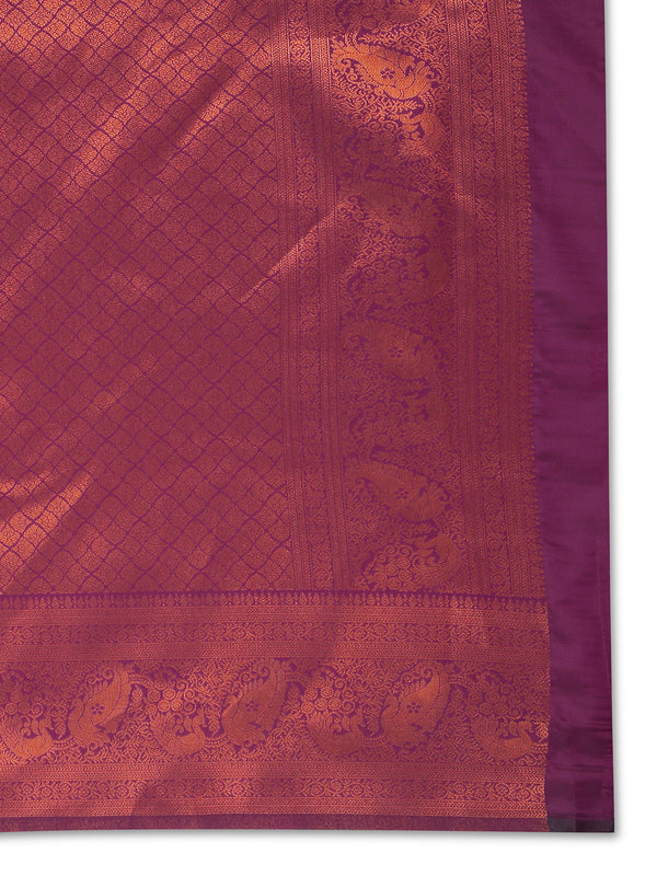 Parrot Green Art Silk Saree With Copper Thread Work Over Body And Purple Border