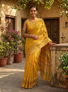 Chanderi Cotton Mustard Yellow Traditional Motif Saree