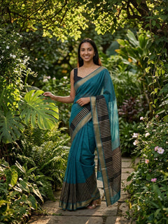 Chanderi Cotton Teal Blue And Black Striped Saree