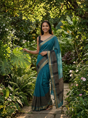 Chanderi Cotton Teal Blue And Black Striped Saree