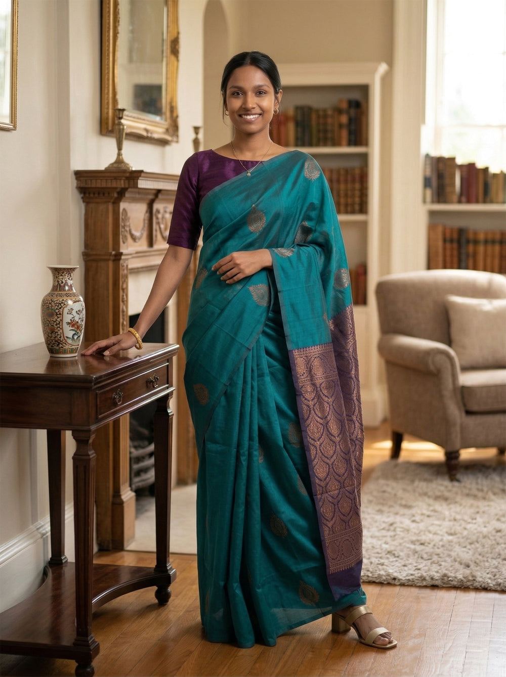 Woman in a teal saree with a purple blouse standing in a room with wooden furniture and books.