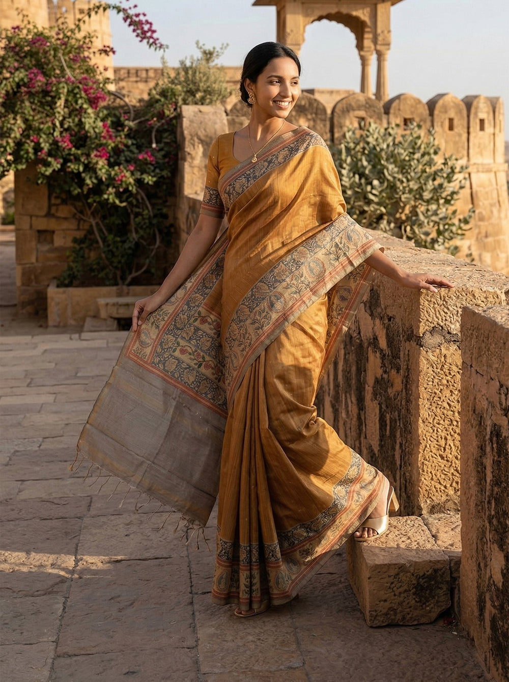 Chanderi Cotton Saree Mustard Yellow & Grey Floral Printed Pattern Saree