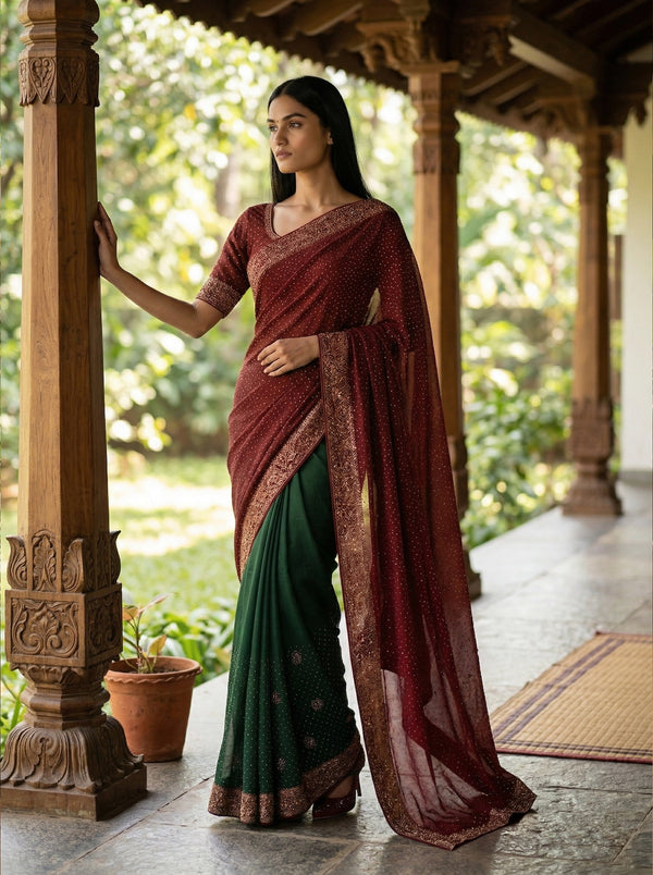 Woman in a traditional saree standing in a garden setting