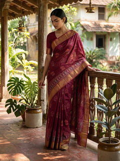 Woman in a traditional maroon saree standing on a balcony with plants and a wooden railing.