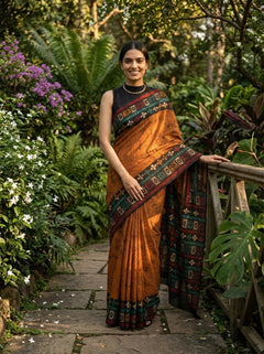 Chanderi Cotton Rust Batik Printed Saree