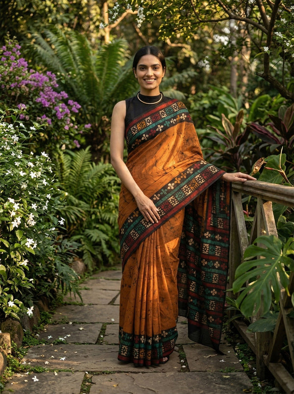 Chanderi Cotton Rust Batik Printed Saree