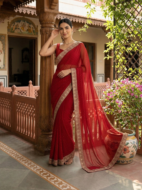 Woman in a red saree standing in an outdoor setting with decorative elements.