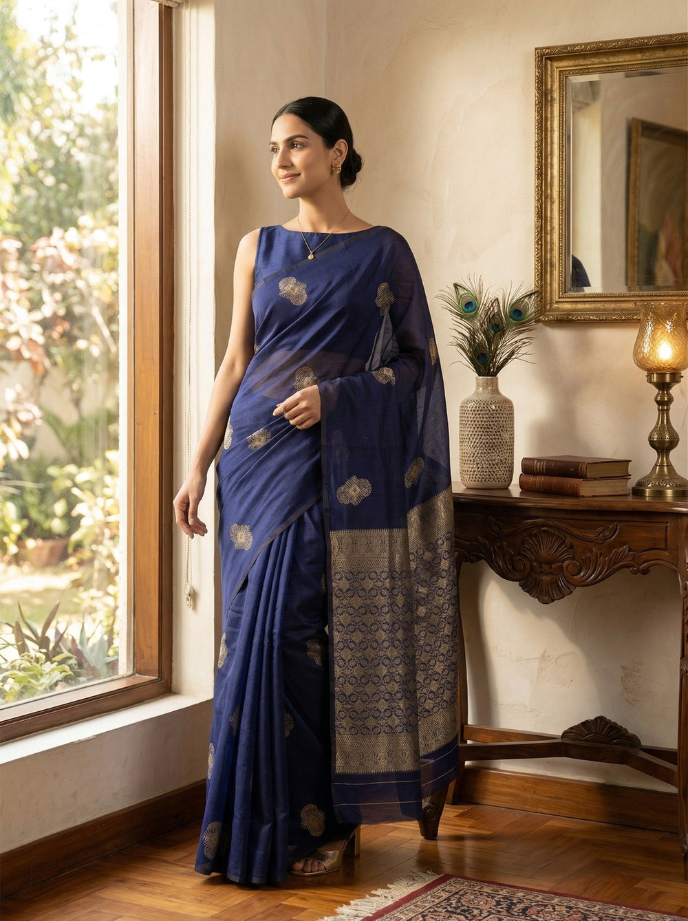 Woman in a blue saree standing in a room with a window and decorative items.