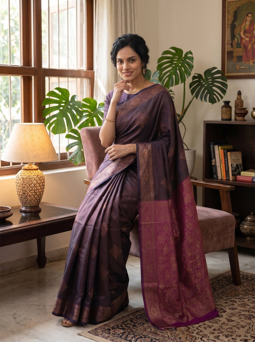 Woman in a purple saree sitting in a room with decor elements.