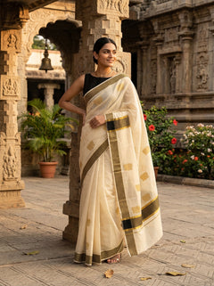 Woman in a white saree with gold and black patterns standing in front of an architectural structure.