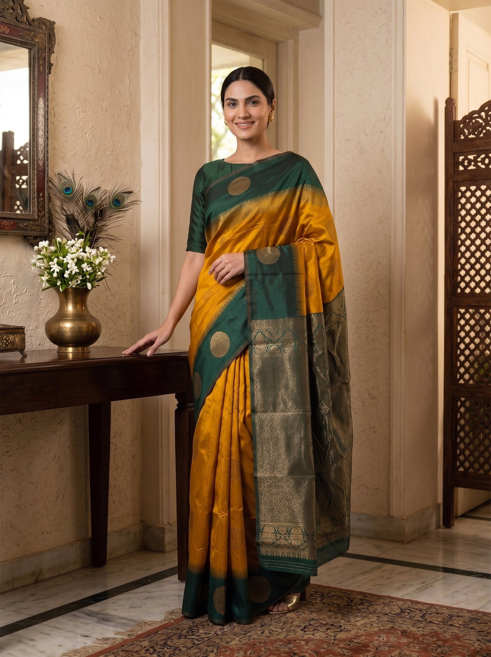Woman in a green and yellow saree standing in a room with a decorative table and mirror.