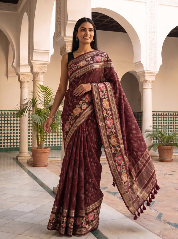 Semi Tussar Deep Wine Floral Embroidery Border Saree