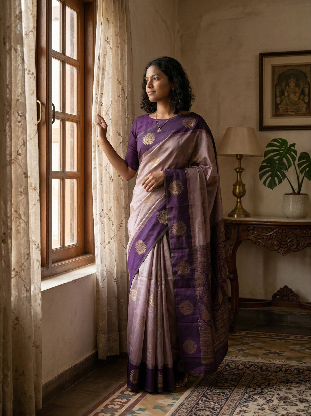 Woman in a purple and white saree standing by a window in a room with decor elements.