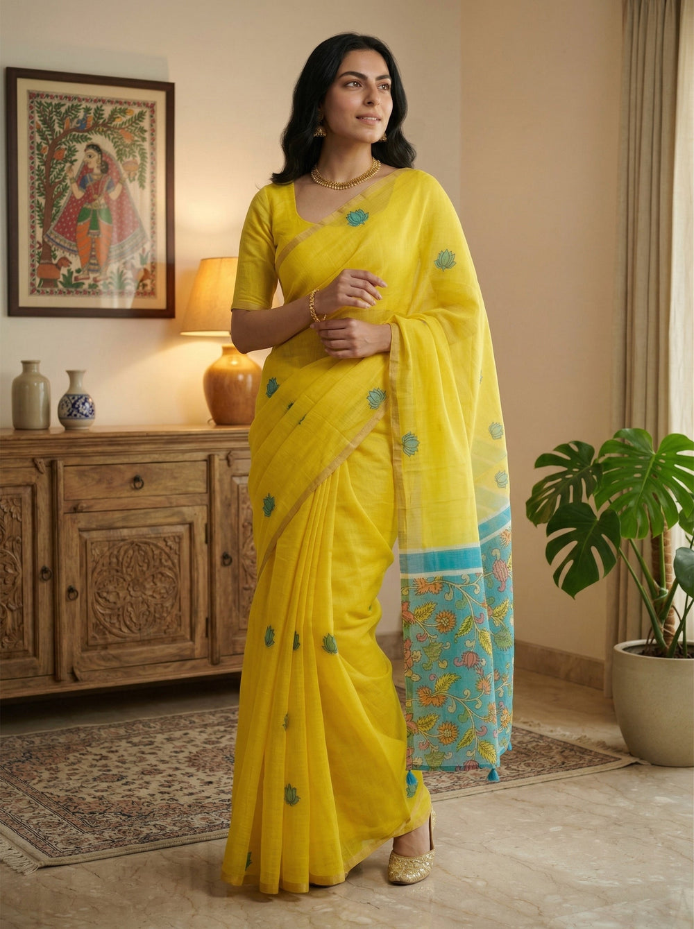Woman in a yellow saree standing in a room with wooden furniture and decor.