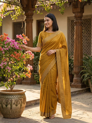 Woman in a yellow saree standing next to a potted plant with flowers in an outdoor setting.