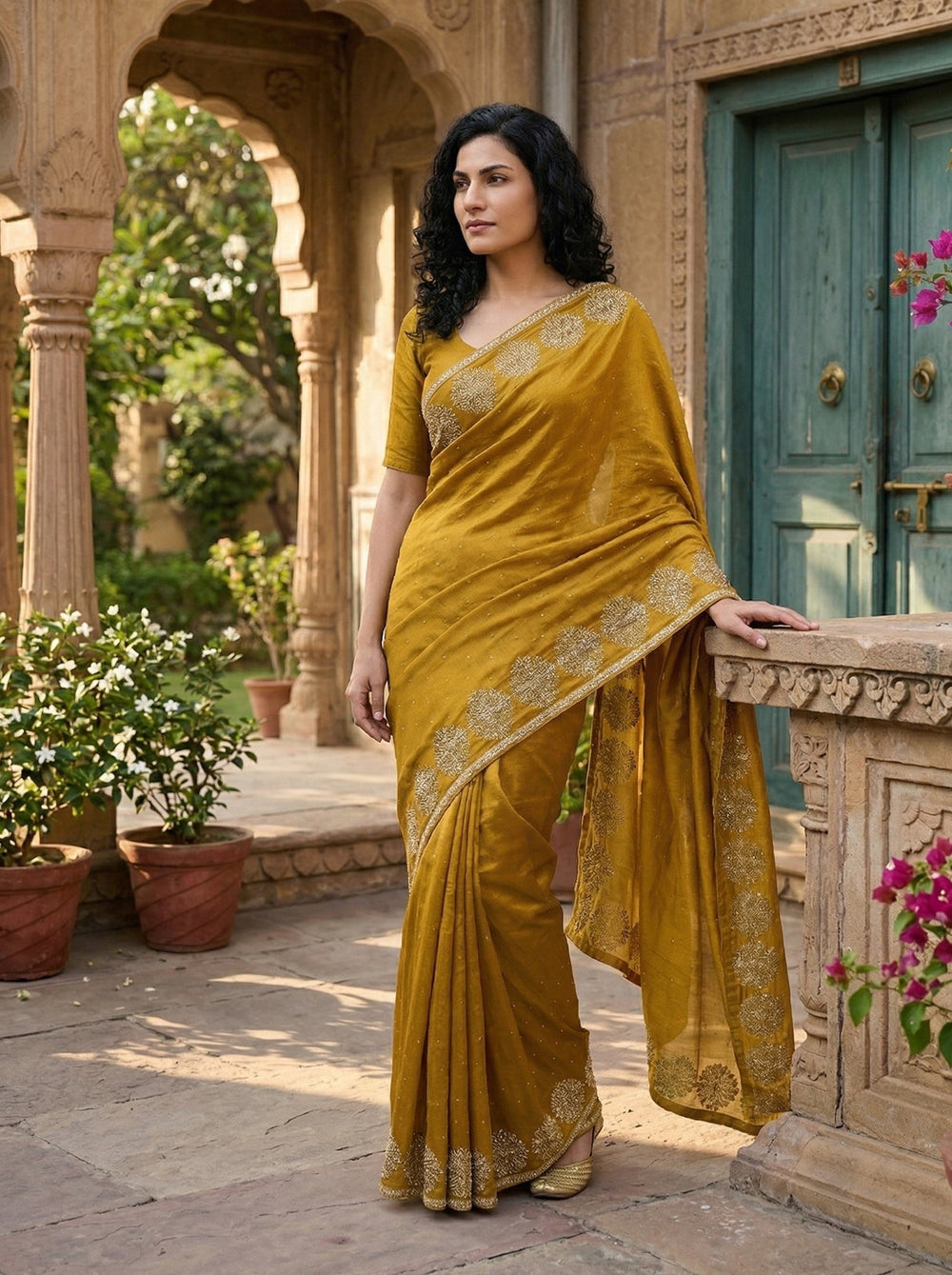 Woman in a mustard yellow saree with gold patterns standing in an outdoor setting.