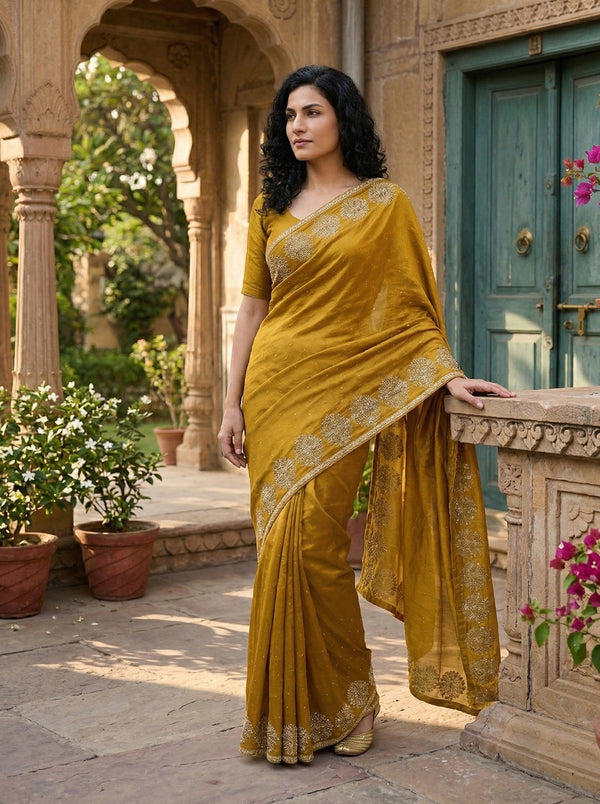 Woman in a mustard yellow saree with gold patterns standing in an outdoor setting.