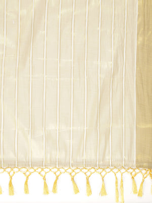 Golden Tissue Set Saree With Golden Bordered Off White Vertical Stripes On Body