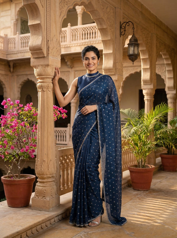 Woman in a blue saree standing in an ornate courtyard with plants and flowers.