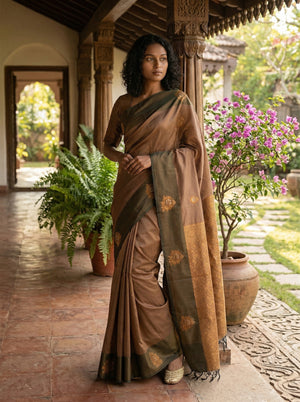 Art Silk Brown Butta Design Saree with Contrast Olive Border