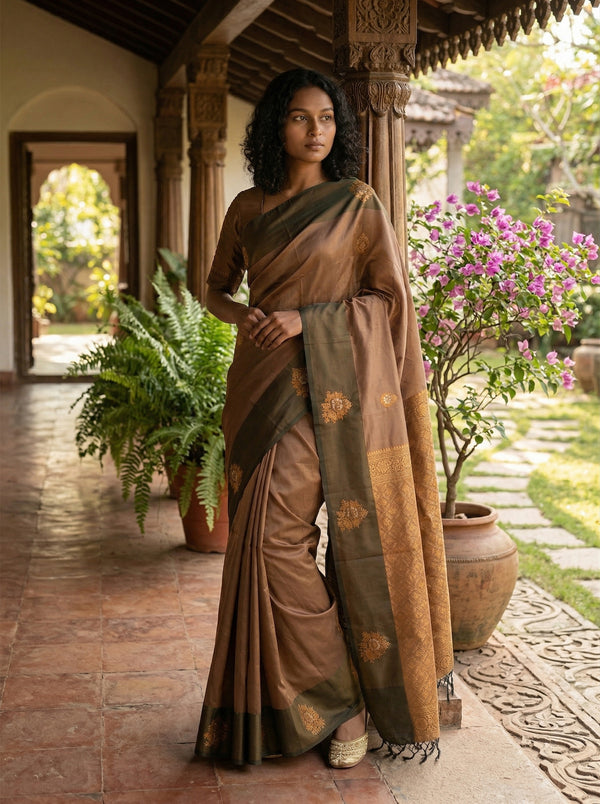 Art Silk Brown Butta Design Saree with Contrast Olive Border