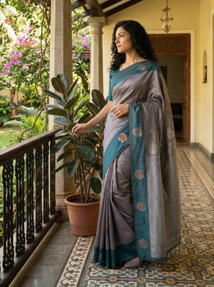 Art Silk Grey Teal Saree with Classic Floral Butta Prints and Designer Pallu