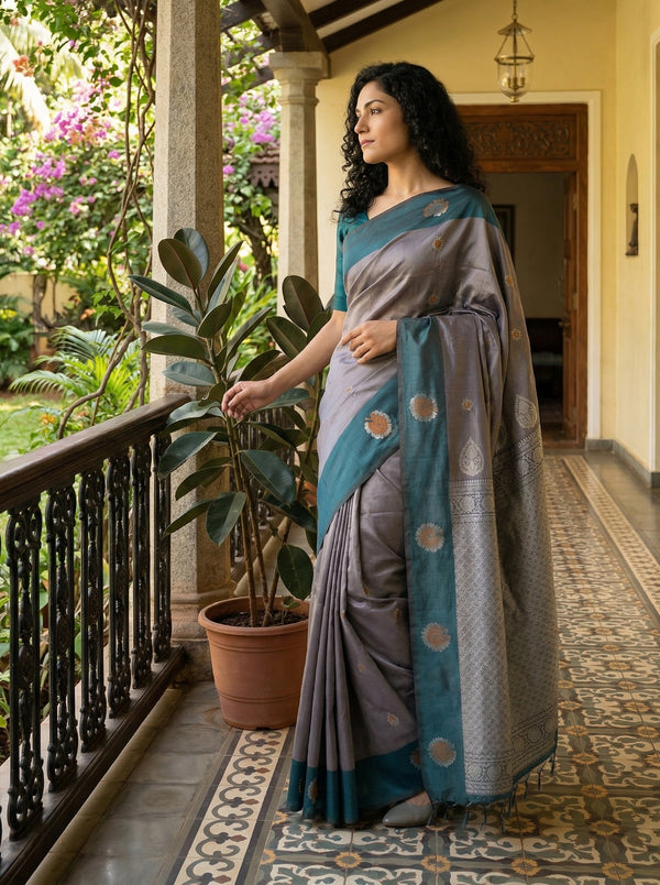 Art Silk Grey Teal Saree with Classic Floral Butta Prints and Designer Pallu