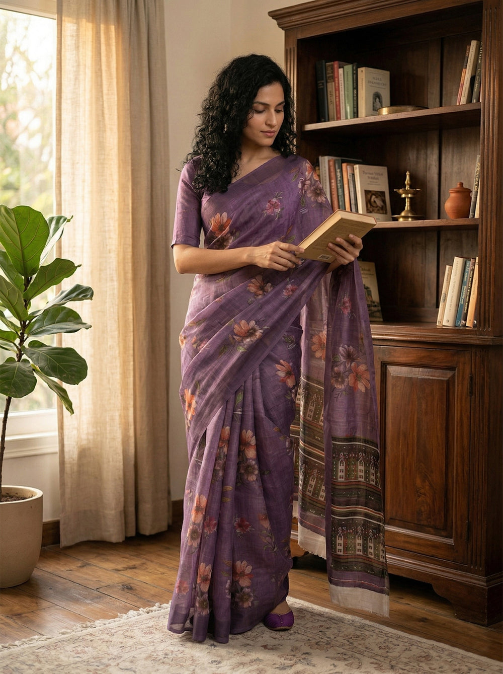 Cotton Violet Floral Printed Saree with Artistic Border Design