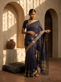 Woman in a traditional blue saree with gold accents standing in a sunlit room with arches.