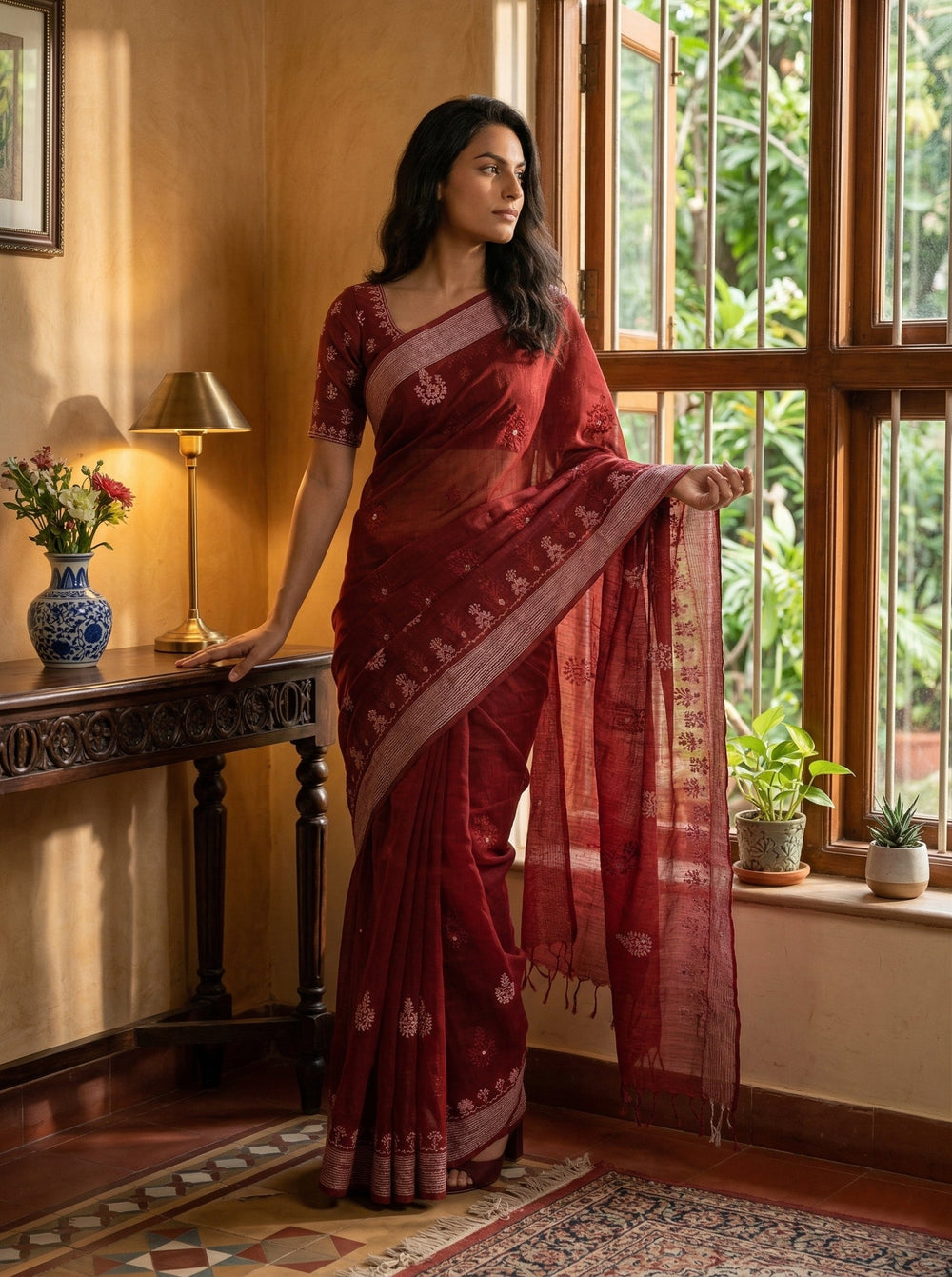 Woman in a red saree standing in a room with a window and table.
