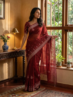 Woman in a red saree standing in a room with a window and table.