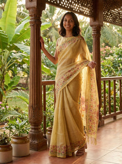 Chanderi Cotton Mustard Floral Border Saree