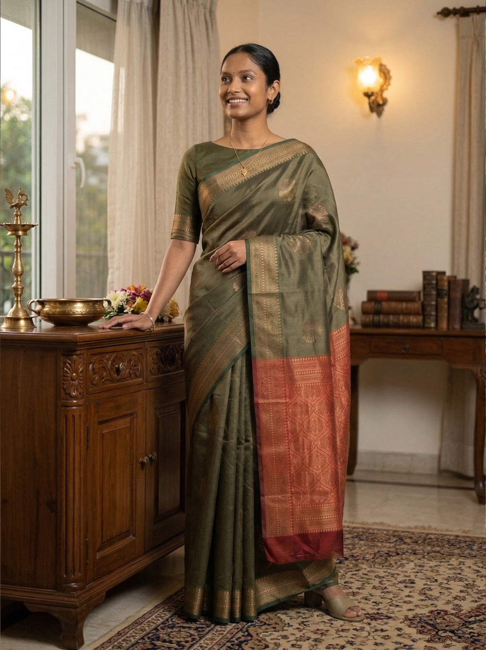 Woman in a traditional saree standing in a room with wooden furniture and decor.
